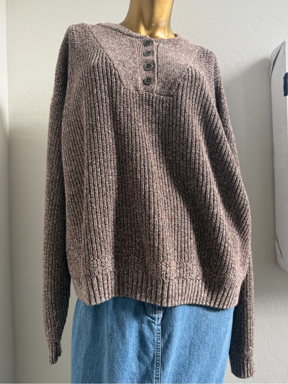 Y2K Natural Reflections cotton acrylic Brown Marled Henley Knit pullover Sweater